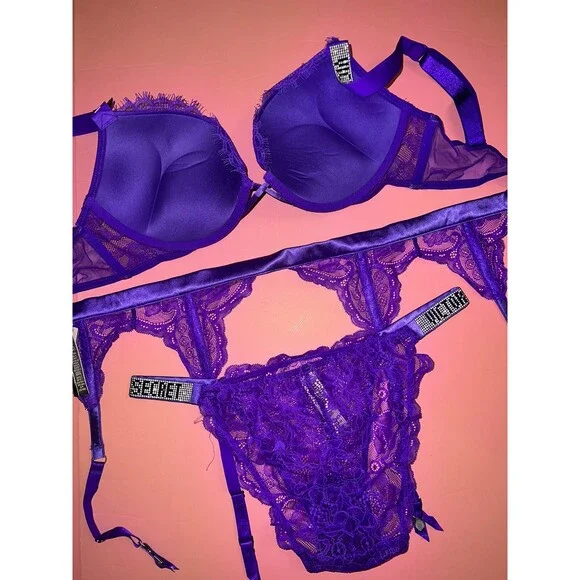 Victoria's Secret 36D BOMBSHELL BRA SET+garter+M panty neon Purple SHINE STRAP